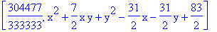 [304477/333333, x^2+7/2*x*y+y^2-31/2*x-31/2*y+83/2]